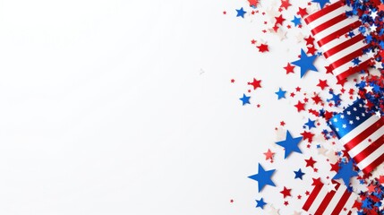 Fototapeta premium American flag and flag colored confetti stars strewn on white background with copy space