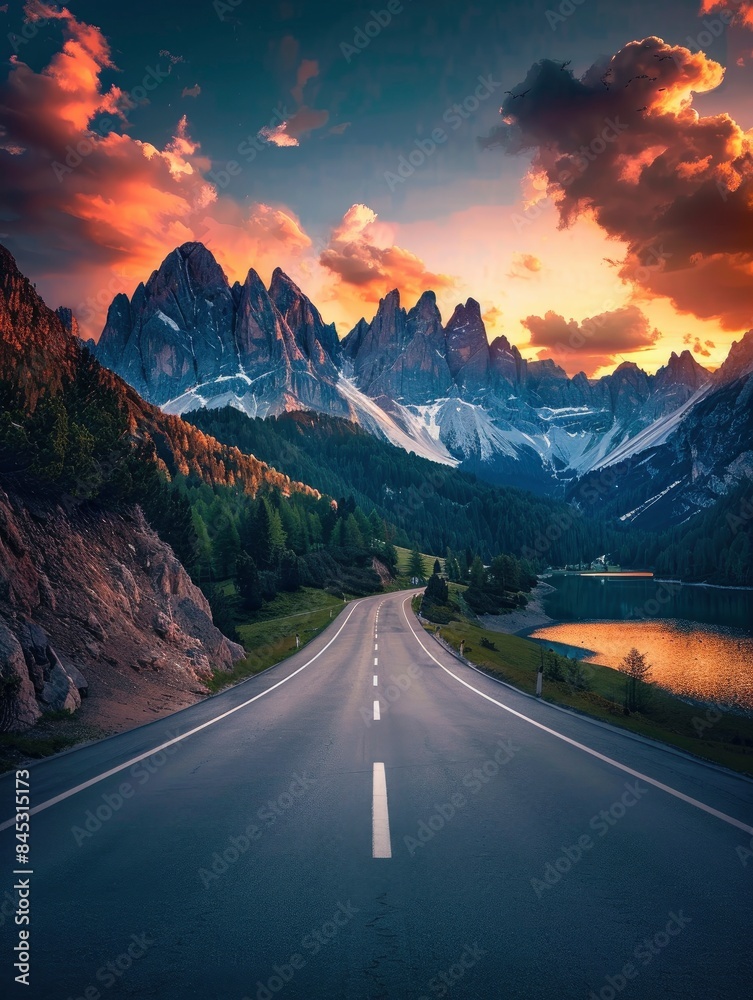 Wall mural empty highway on the background of mountain peaks in the italian alps, a lake in a gorge, sky illumi - Wall murals
