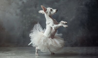 Naklejka premium White dog in ballerina costume dancing, studio lighting