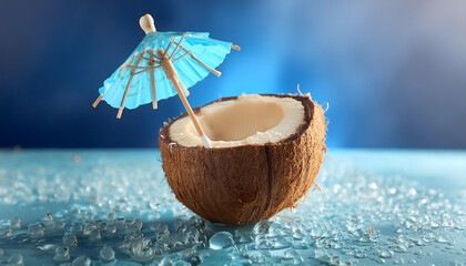 kokosmilch, kokos, nuss, milch, close up, getr&auml;nk, neu, schirm, tropisch, exotisch, blau, frisch, ge&ouml;ffnet, offen, platsch', Wassertropfen, wasser, kalt, gek&uuml;hlt, blau, hell, beach, 
