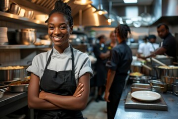 Portrait of a smiling Black female chef standing in a restaurant kitchen with her arms crossed. Busy people are working behind her with their backs turned.