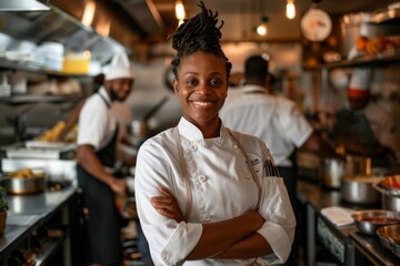 Fototapeta premium Portrait of a smiling Black female chef standing in a restaurant kitchen with her arms crossed. Busy people are working behind her with their backs turned.