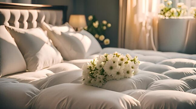 Messy Bed and Pillow Background with Sunshine. Cozy Morning