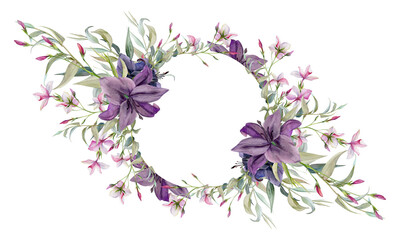 Hand drawn watercolor illustration botanical flowers leaves. Lily clivia amaryllis, pink lobelia jasmine, willow eucalyptus branch. Wreath frame isolated white background. Design wedding, love cards