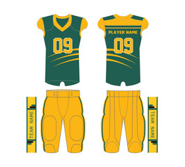Flat sketch vector template of American football uniform in yellow and green colors. Editable design mockup for apparel, clothing, and sportswear design projects.