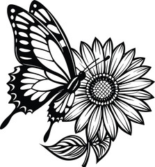 black and white flower with butterfly isolated on white background