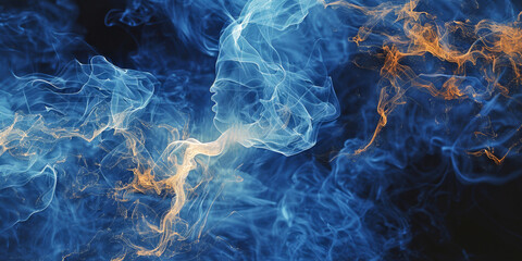 Obraz premium Ethereal Blue and Orange Smoke Forming Human Silhouette on Black Background