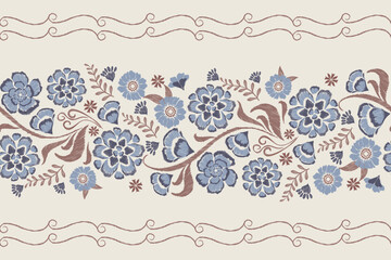 Vintage Floral Pattern seamless embroidery texture paisley with blue floral carnation motifs. Ethnic pattern oriental traditional Aztec style. Vector illustration brush texture design. © Wita Pixs