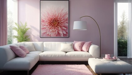 Gorgeous, bright, and airy modern living room with a white sofa and pink accents. AI-produced.