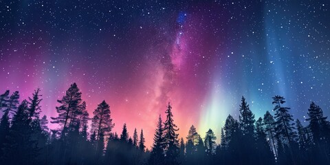 Fototapeta premium Fantastic saturated aurora borealis in night sky full of bright stars, beautiful landscape