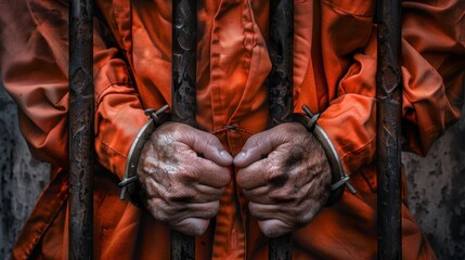 Cuffed hands of a prisoner behind prison bars .