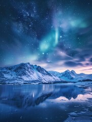 Naklejka premium Fantastic saturated aurora borealis in night sky full of bright stars, beautiful landscape
