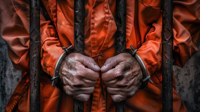 Cuffed hands of a prisoner behind prison bars .