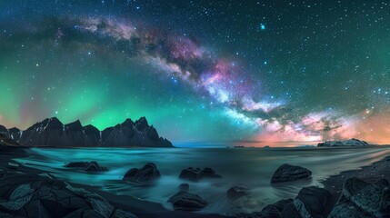 Naklejka premium Incredible aurora borealis in night sky full of bright stars, long exposure photo, beautiful landscape