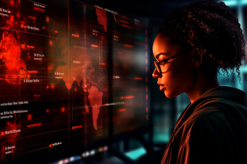 Obraz premium AI cyber security threat illustration, black african american female IT specialist analysing data information technology, augmented reality artificial intelligence collage