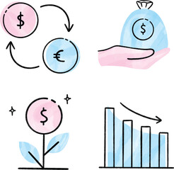 Finance icon set. Containing loan, cash, saving, financial goal, profit, budget, mutual fund, earning money and revenue icons. Watercolor Vector illustration