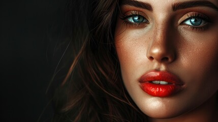 Fototapeta premium Intricate sensual woman model with beautiful big eyes and plump lips shoot on a black background, half body photo, space for text