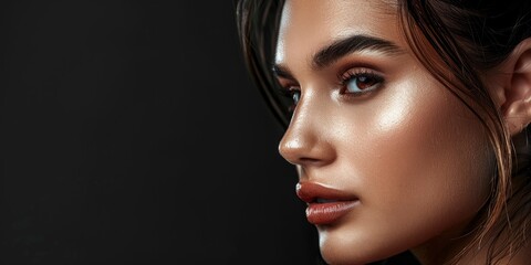 Fototapeta premium Intricate sensual woman model with beautiful facial features poses on a black background, half body photo, space for text