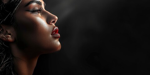 Intricate sensual woman model with beautiful facial features poses on a black background, half body photo, space for text