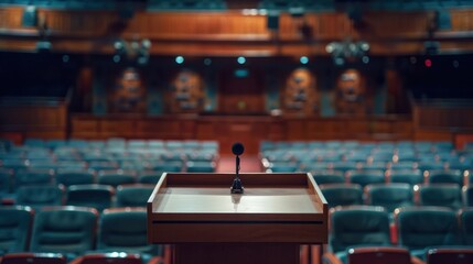 Empty lecture podium, conference hall interior. presidential debate speech.