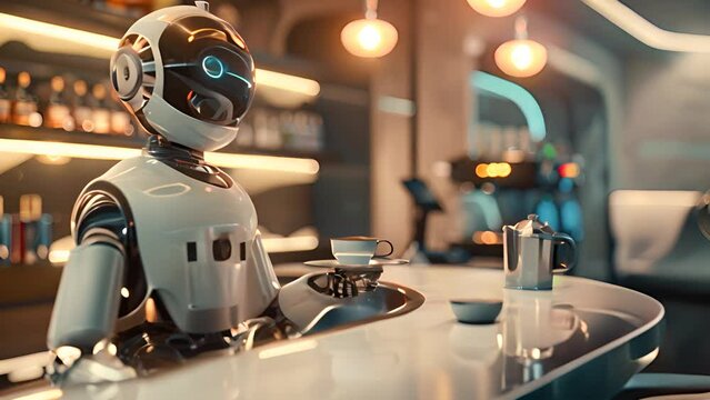 Futuristic Robot Barista Serving Coffee with Ai generated.
