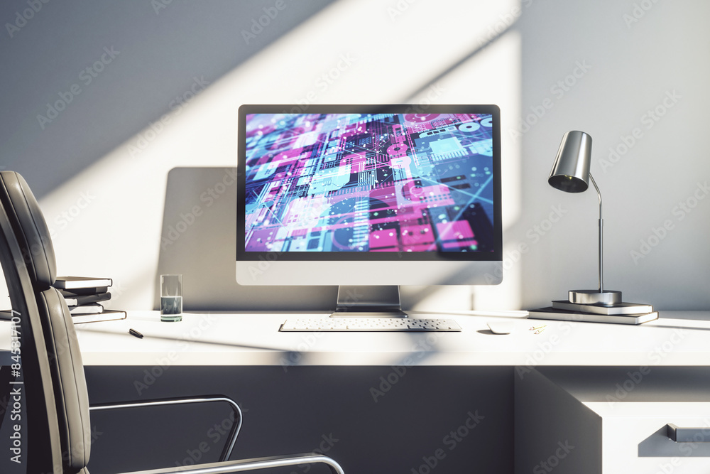 Aufkleber Abstract creative coding illustration on modern computer monitor, software development concept. 3D Rendering