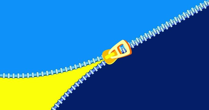 Zipper transition wipe across corners blue yellow isolated. Cartoon animation  background preset good for any use. Motion design multi color element. Business, art, education, science, fashion.