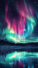 Multicolor fantastic aurora borealis in night sky full of bright stars, beautiful landscape