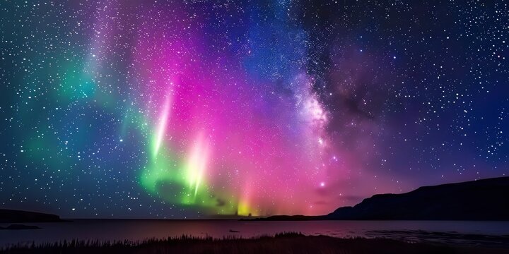 Multicolor fantastic aurora borealis in night sky full of bright stars, beautiful landscape