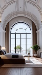 Fototapeta premium Vertical image of a bright and airy bedroom and the arch window overlooking a view.
