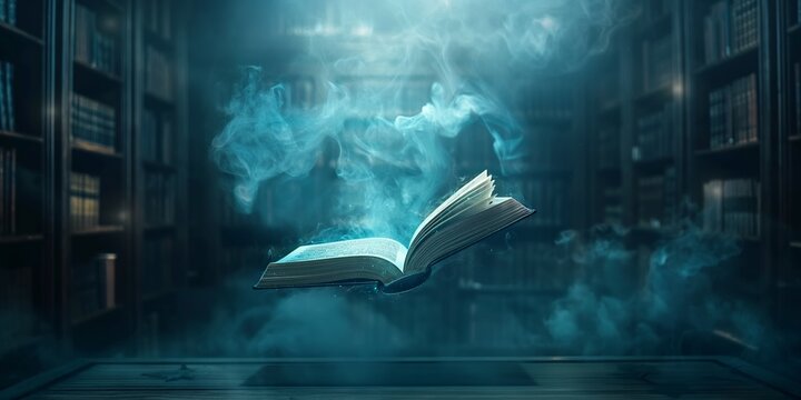 A mystical scene of a book floating mid-air in a smoke-filled, dimly lit library, evoking a sense of enchantment and magical realism. - Powered by Adobe