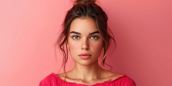 Self-confident young woman with sensual facial features looks serious in front of her on a solid bright background, space for text