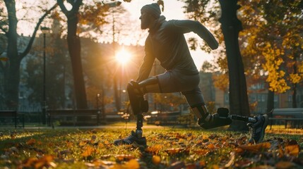 man wearing a prosthetic running blade on one leg doing some warmup stretches in an urban park.