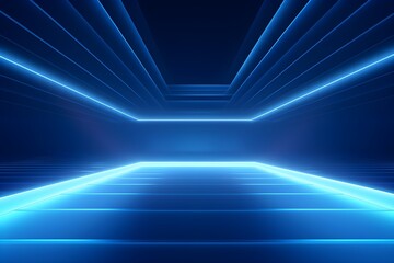 Empty futuristic room with glowing blue neon lights on a dark background