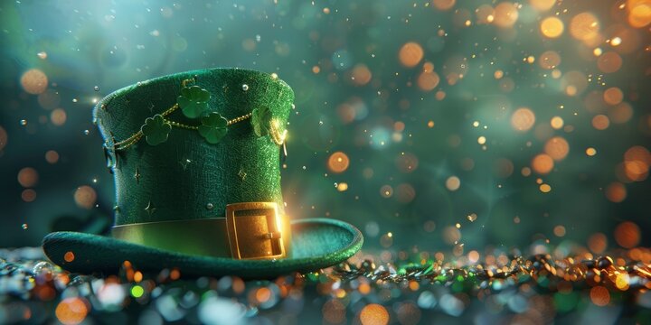 St. Patrick's Day, big green hat on festive background, bright image, hdr colors, space for text, banner