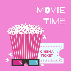 Movie time banner, poster. Popcorn, 3D glasses and cinema ticket. Vector illustration