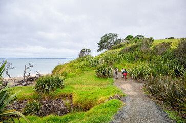 People walking the Long Bay coastal Okura Track. Auckland.