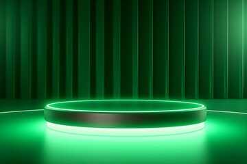 3d rendering of an empty green neon illuminated stage with glowing floor and vertical background lines