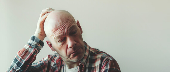 Bald man scratching his head with his hands, copyspace