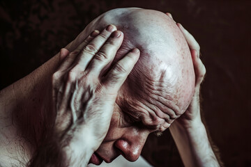 Naklejka premium Bald man holding his head with his hand, headache and problems concept