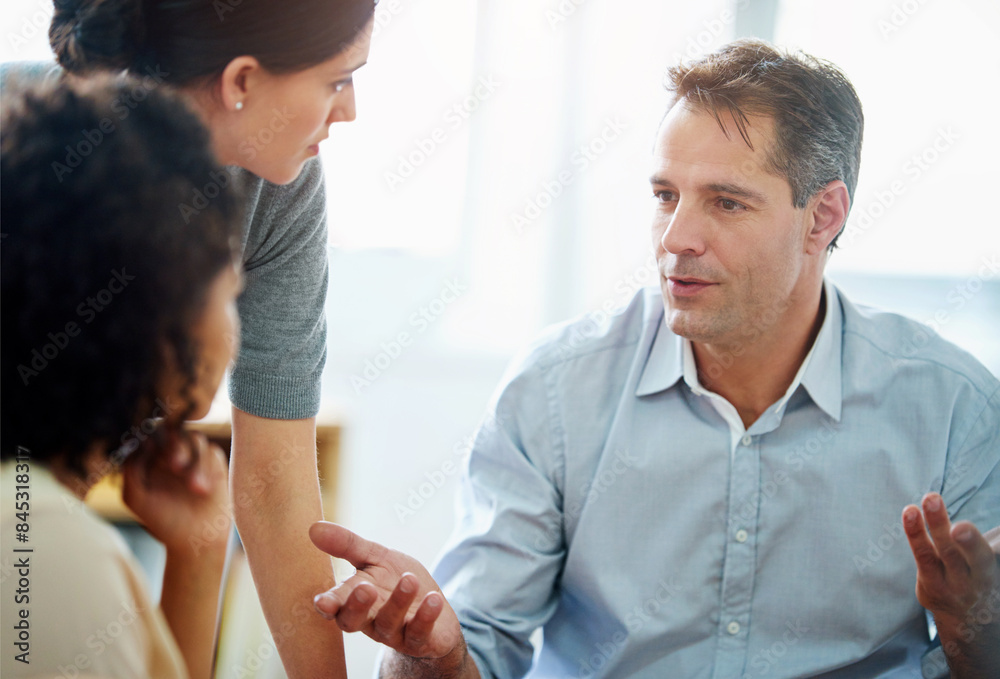 Poster coaching, development or training with manager and employee team in office together for learning. co