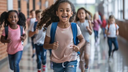 Obraz premium A happy diverse school children running in school corridor.