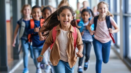 Fototapeta premium A happy diverse school children running in school corridor.