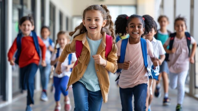 A happy diverse school children running in school corridor.