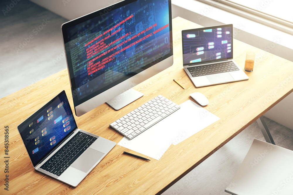 Aufkleber Computer monitor with abstract creative programming illustration, big data and blockchain concept. 3D Rendering