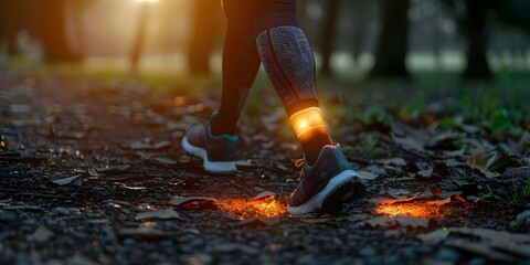 The Glowing Knees of Runners Outdoors Symbolize Healthy Joints and Fitness. Concept Running, Fitness, Healthy Joints, Outdoors, Glowing Knees
