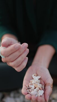 vertical shot.  a girl sits on the beach and collects various shells in her hand. the girl shows shells collected on the beach.  shell decoration. girl's hands with shells close-up. rest and meditatio