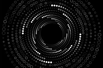 Futuristic swirling circles of white hexagons on black background. Big Data visualization into cyberspace. Vortex pattern of honeycombs. Abstract modern background. Vector illustration