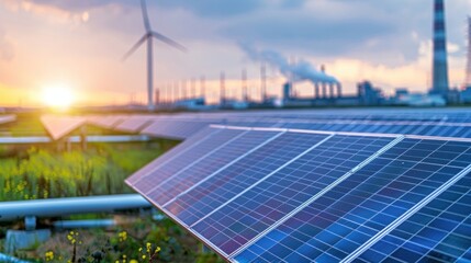 Power plants fossil fuel plants or renewable energy plants, such as solar or wind plants. There is a smokestack or solar panel in the background.