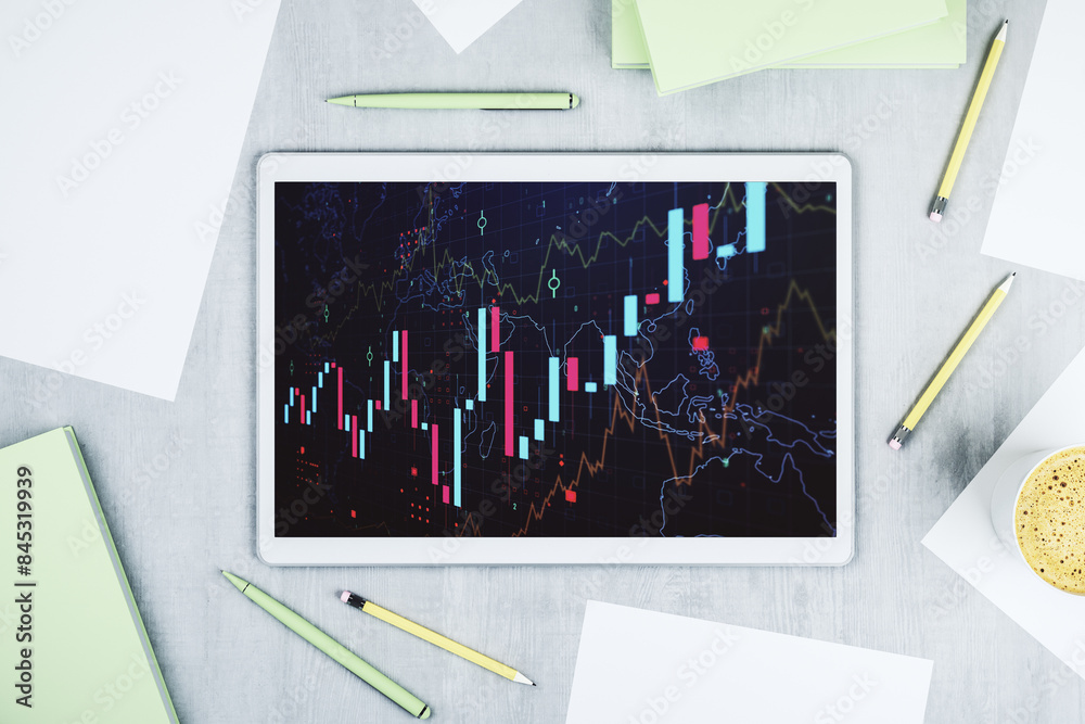 Poster modern digital tablet screen with abstract financial diagram, banking and accounting concept. top vi